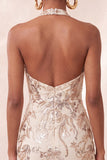 Champagne Floral Sequins Halter Tight Short Sparkly Homecoming Dress