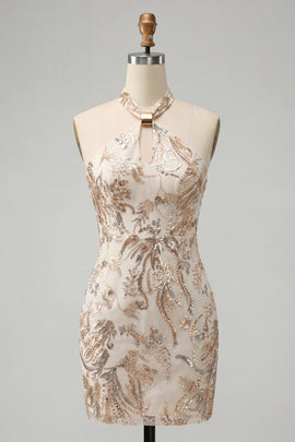 Champagne Floral Sequins Halter Tight Short Sparkly Homecoming Dress