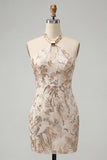 Champagne Floral Sequins Halter Tight Short Sparkly Homecoming Dress