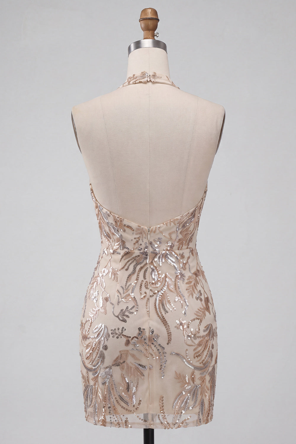 Champagne Floral Sequins Halter Tight Short Sparkly Homecoming Dress