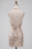 Champagne Floral Sequins Halter Tight Short Sparkly Homecoming Dress