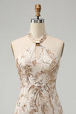 Champagne Floral Sequins Halter Tight Short Sparkly Homecoming Dress