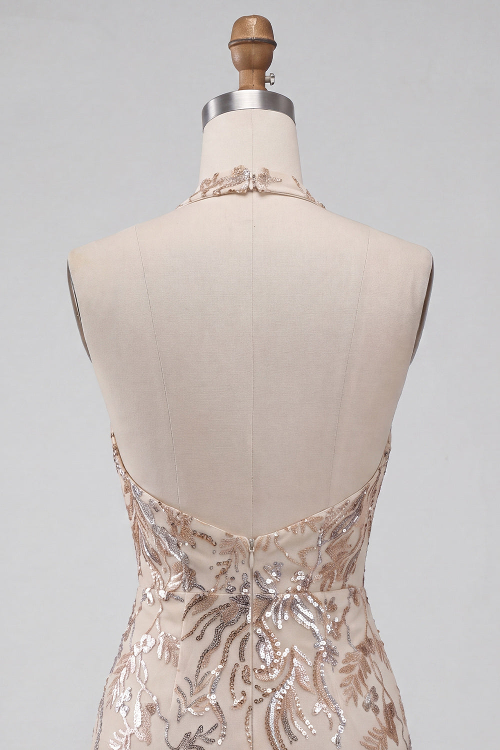 Champagne Floral Sequins Halter Tight Short Sparkly Homecoming Dress