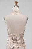 Champagne Floral Sequins Halter Tight Short Sparkly Homecoming Dress