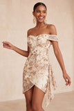 Champagne Tight Floral Sequins Sparkly Ruched Short Homecoming Dress