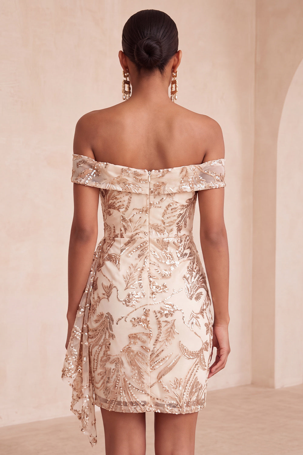 Champagne Tight Floral Sequins Sparkly Ruched Short Homecoming Dress
