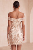 Champagne Tight Floral Sequins Sparkly Ruched Short Homecoming Dress