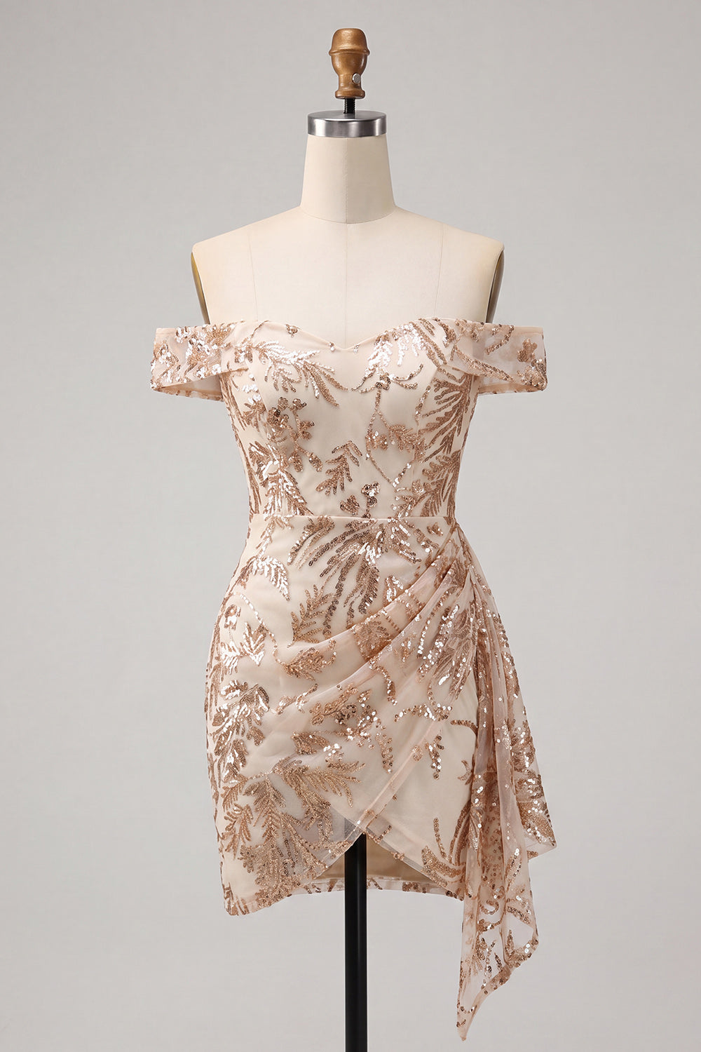 Champagne Tight Floral Sequins Sparkly Ruched Short Homecoming Dress