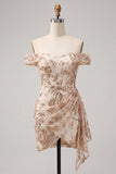 Champagne Tight Floral Sequins Sparkly Ruched Short Homecoming Dress
