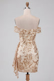 Champagne Tight Floral Sequins Sparkly Ruched Short Homecoming Dress