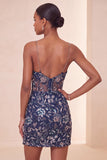 Floral Navy Sparkly Tight Sequins Short Homecoming Dress with Slit