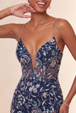 Floral Navy Sparkly Tight Sequins Short Homecoming Dress with Slit
