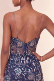 Floral Navy Sparkly Tight Sequins Short Homecoming Dress with Slit