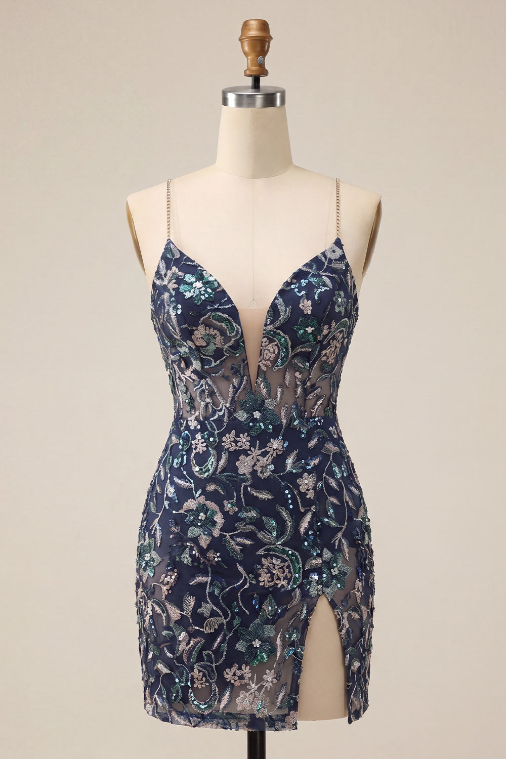 Floral Navy Sparkly Tight Sequins Short Homecoming Dress with Slit