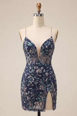 Floral Navy Sparkly Tight Sequins Short Homecoming Dress with Slit