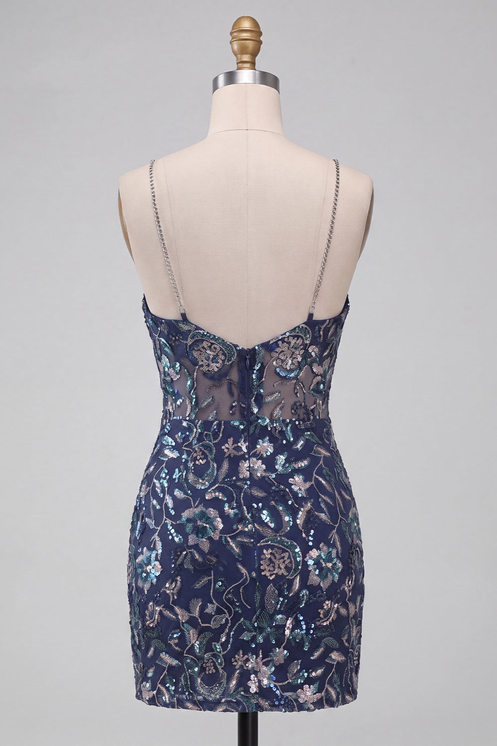 Floral Navy Sparkly Tight Sequins Short Homecoming Dress with Slit