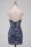 Floral Navy Sparkly Tight Sequins Short Homecoming Dress with Slit