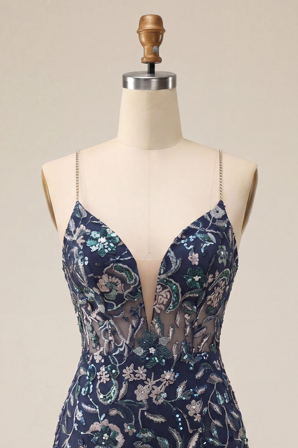 Floral Navy Sparkly Tight Sequins Short Homecoming Dress with Slit