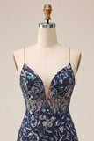 Floral Navy Sparkly Tight Sequins Short Homecoming Dress with Slit