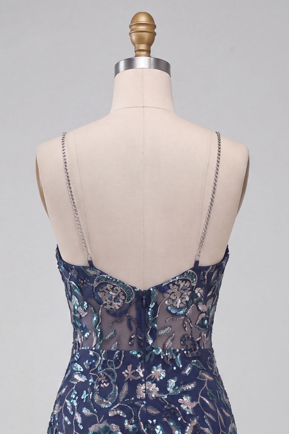 Floral Navy Sparkly Tight Sequins Short Homecoming Dress with Slit
