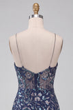 Floral Navy Sparkly Tight Sequins Short Homecoming Dress with Slit