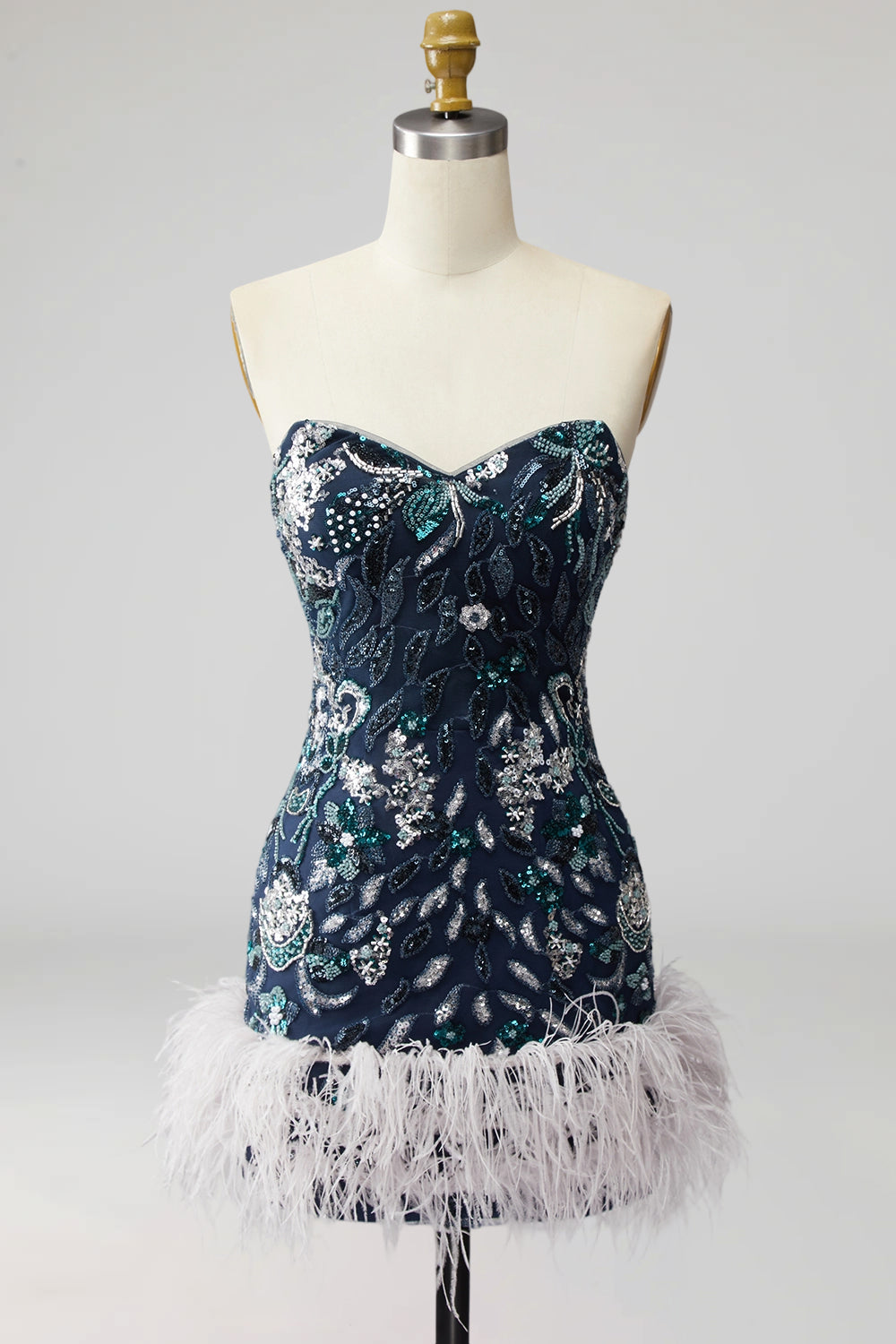 Navy Floral Tight Sparkly Short Beaded Homecoming Dress with Feathers