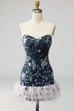 Navy Floral Tight Sparkly Short Beaded Homecoming Dress with Feathers