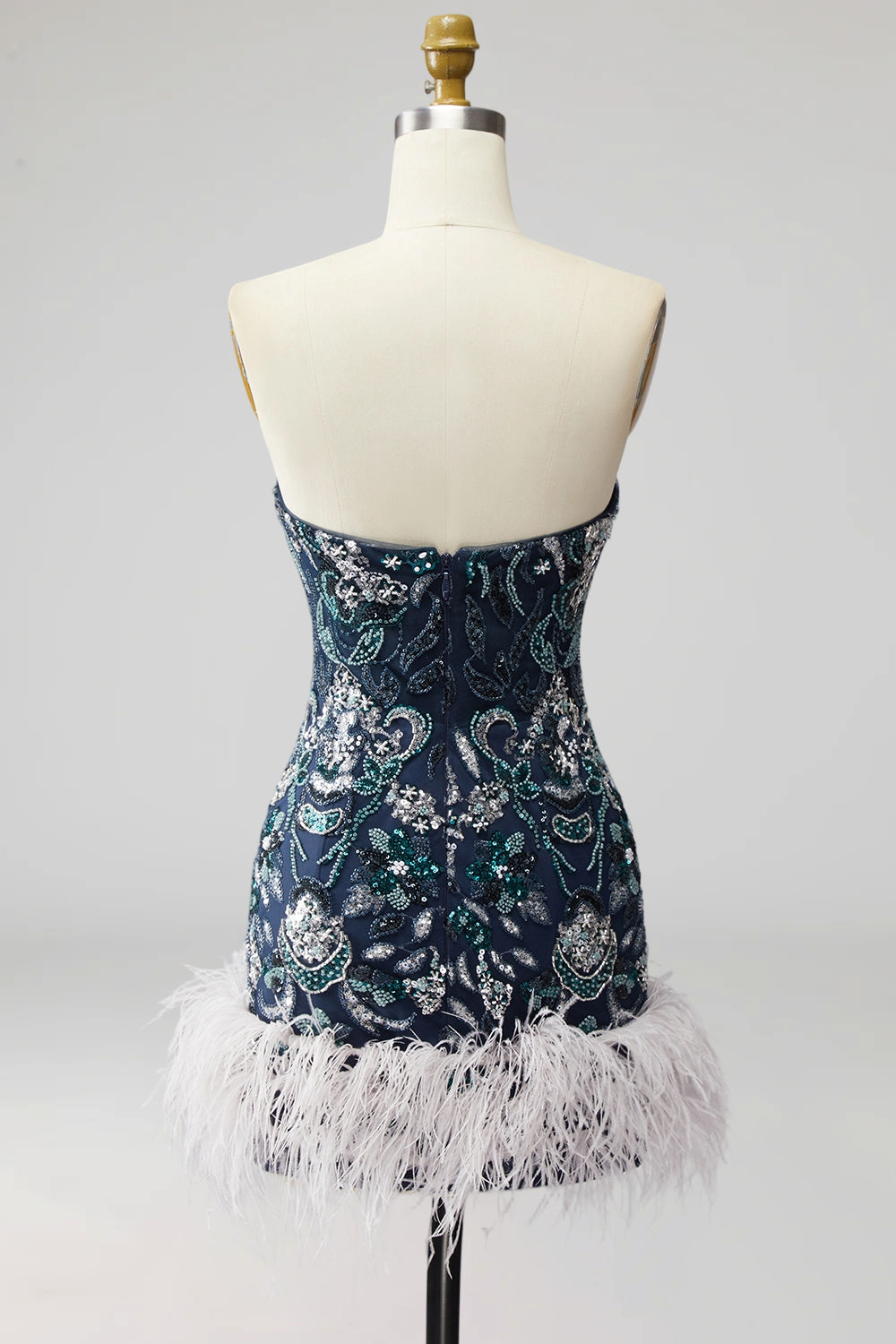 Navy Floral Tight Sparkly Short Beaded Homecoming Dress with Feathers