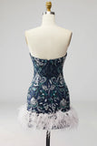 Navy Floral Tight Sparkly Short Beaded Homecoming Dress with Feathers