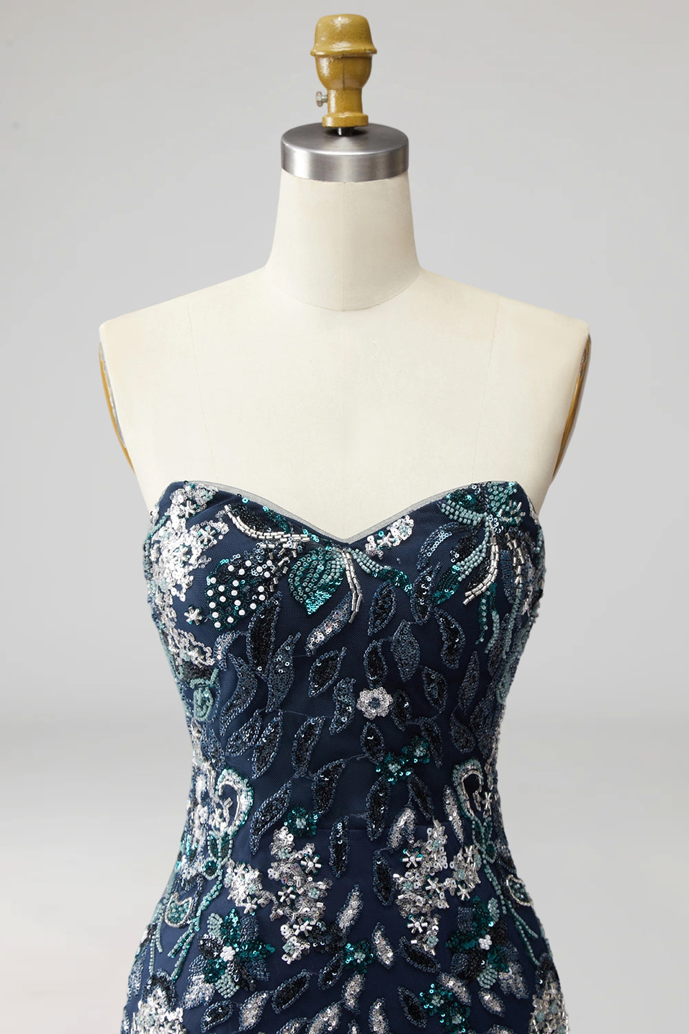 Navy Floral Tight Sparkly Short Beaded Homecoming Dress with Feathers