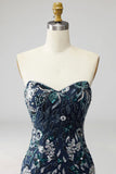 Navy Floral Tight Sparkly Short Beaded Homecoming Dress with Feathers