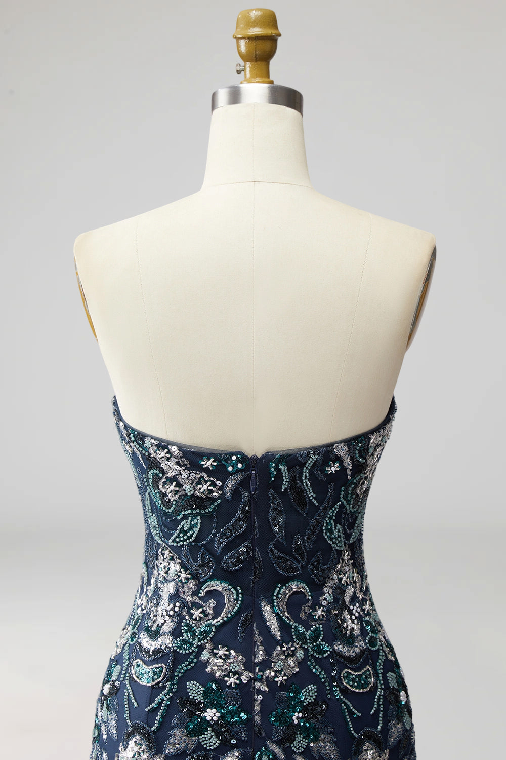 Navy Floral Tight Sparkly Short Beaded Homecoming Dress with Feathers