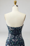 Navy Floral Tight Sparkly Short Beaded Homecoming Dress with Feathers