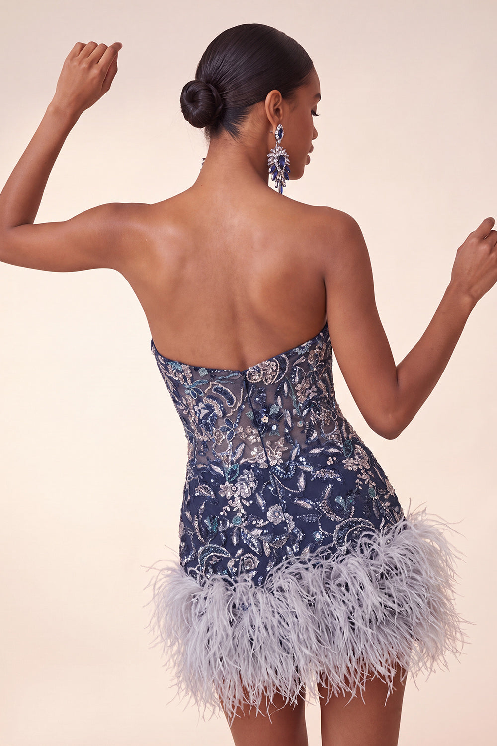 Navy Floral Tight Sparkly Short Beaded Homecoming Dress with Feathers