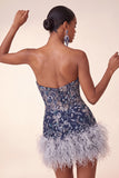 Navy Floral Tight Sparkly Short Beaded Homecoming Dress with Feathers