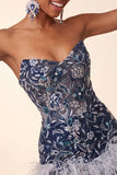 Navy Floral Tight Sparkly Short Beaded Homecoming Dress with Feathers