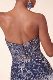 Navy Floral Tight Sparkly Short Beaded Homecoming Dress with Feathers