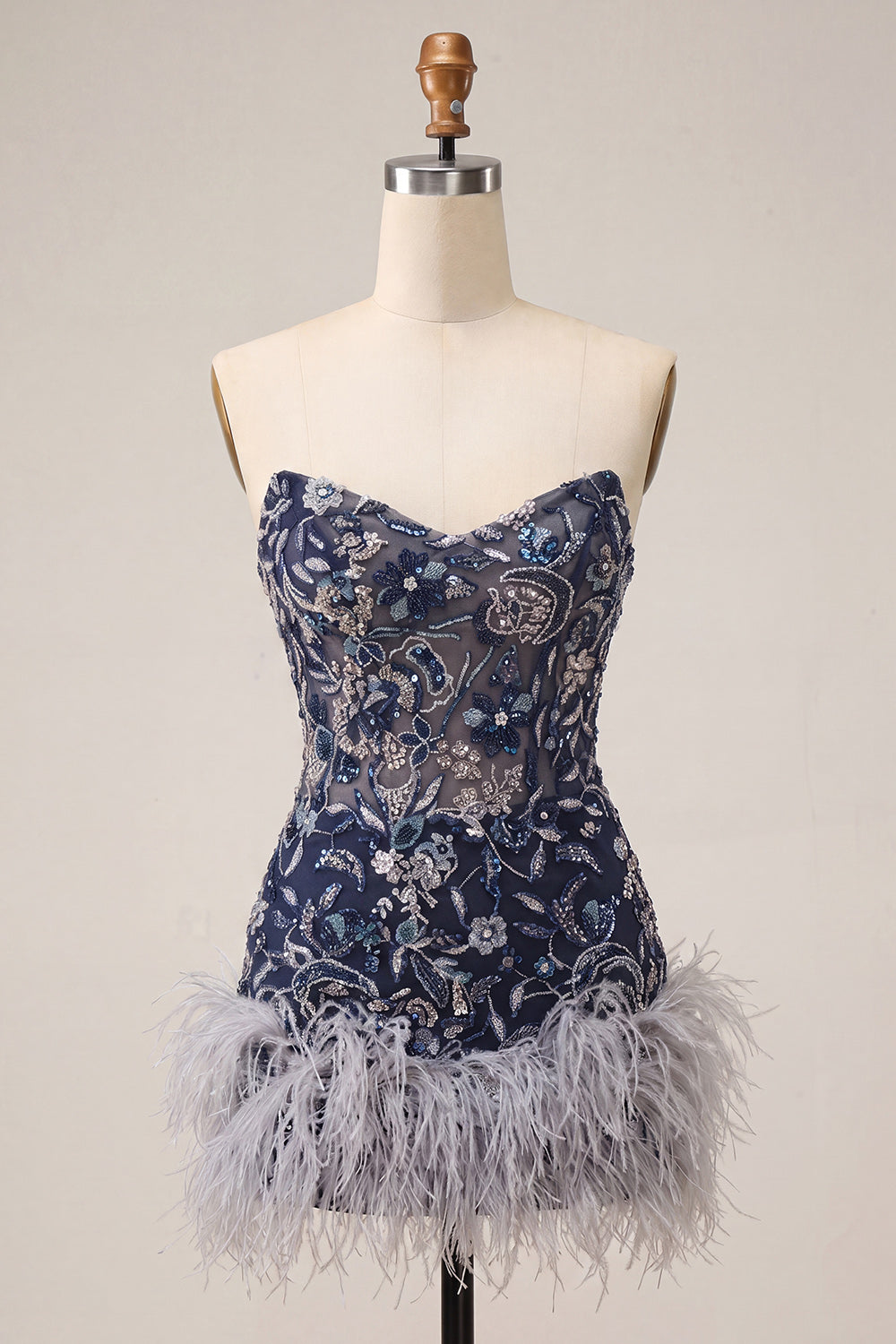 Navy Floral Tight Sparkly Short Beaded Homecoming Dress with Feathers