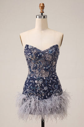 Navy Floral Tight Sparkly Short Beaded Homecoming Dress with Feathers