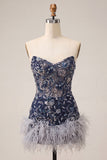 Navy Floral Tight Sparkly Short Beaded Homecoming Dress with Feathers