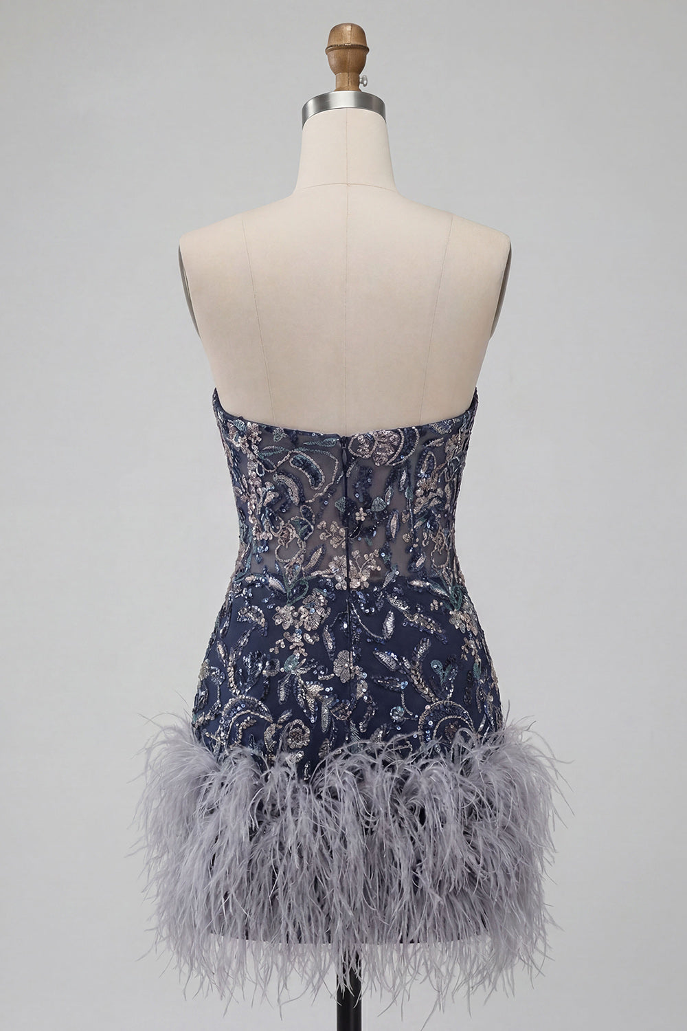 Navy Floral Tight Sparkly Short Beaded Homecoming Dress with Feathers