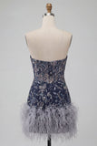 Navy Floral Tight Sparkly Short Beaded Homecoming Dress with Feathers