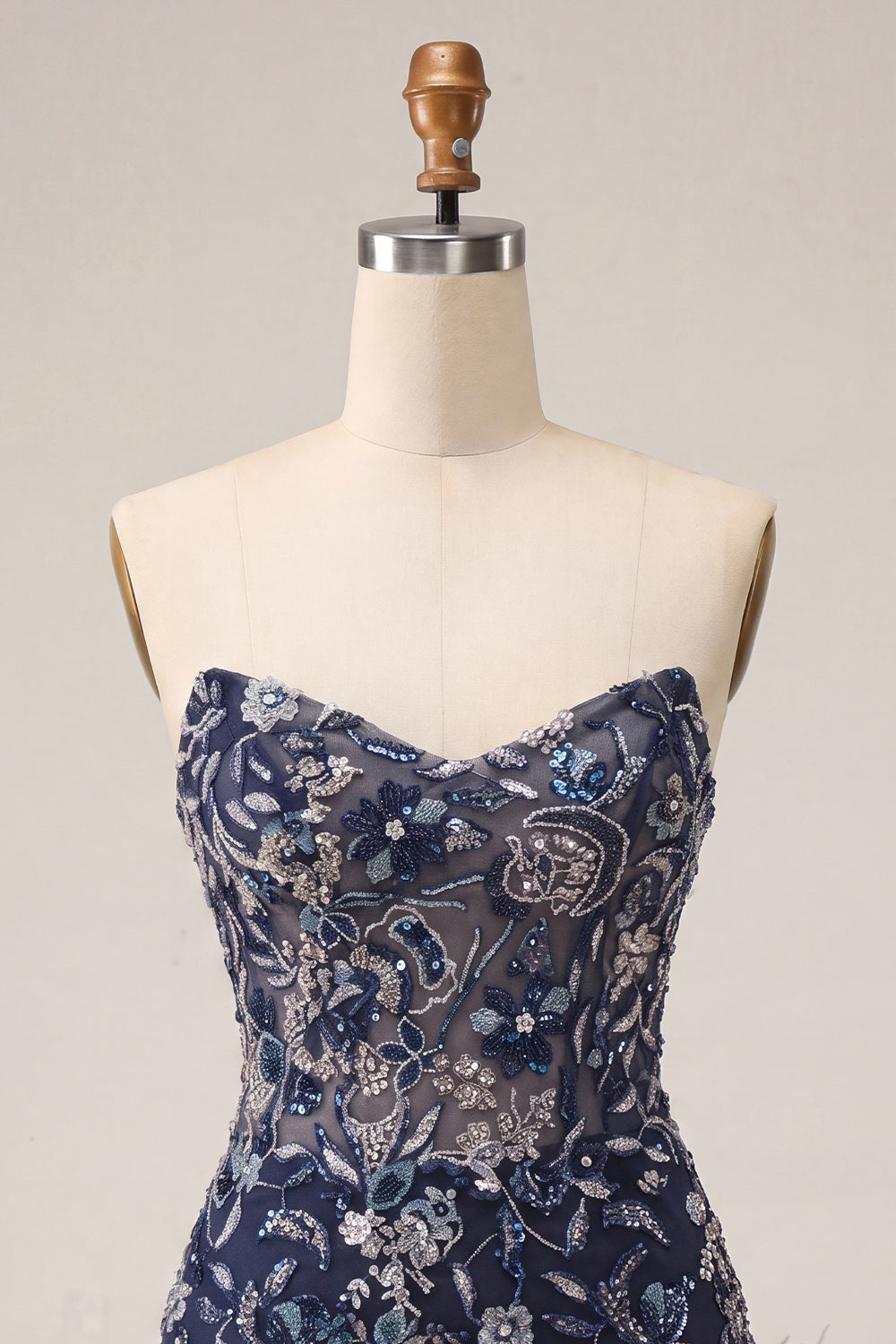 Navy Floral Tight Sparkly Short Beaded Homecoming Dress with Feathers