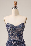 Navy Floral Tight Sparkly Short Beaded Homecoming Dress with Feathers