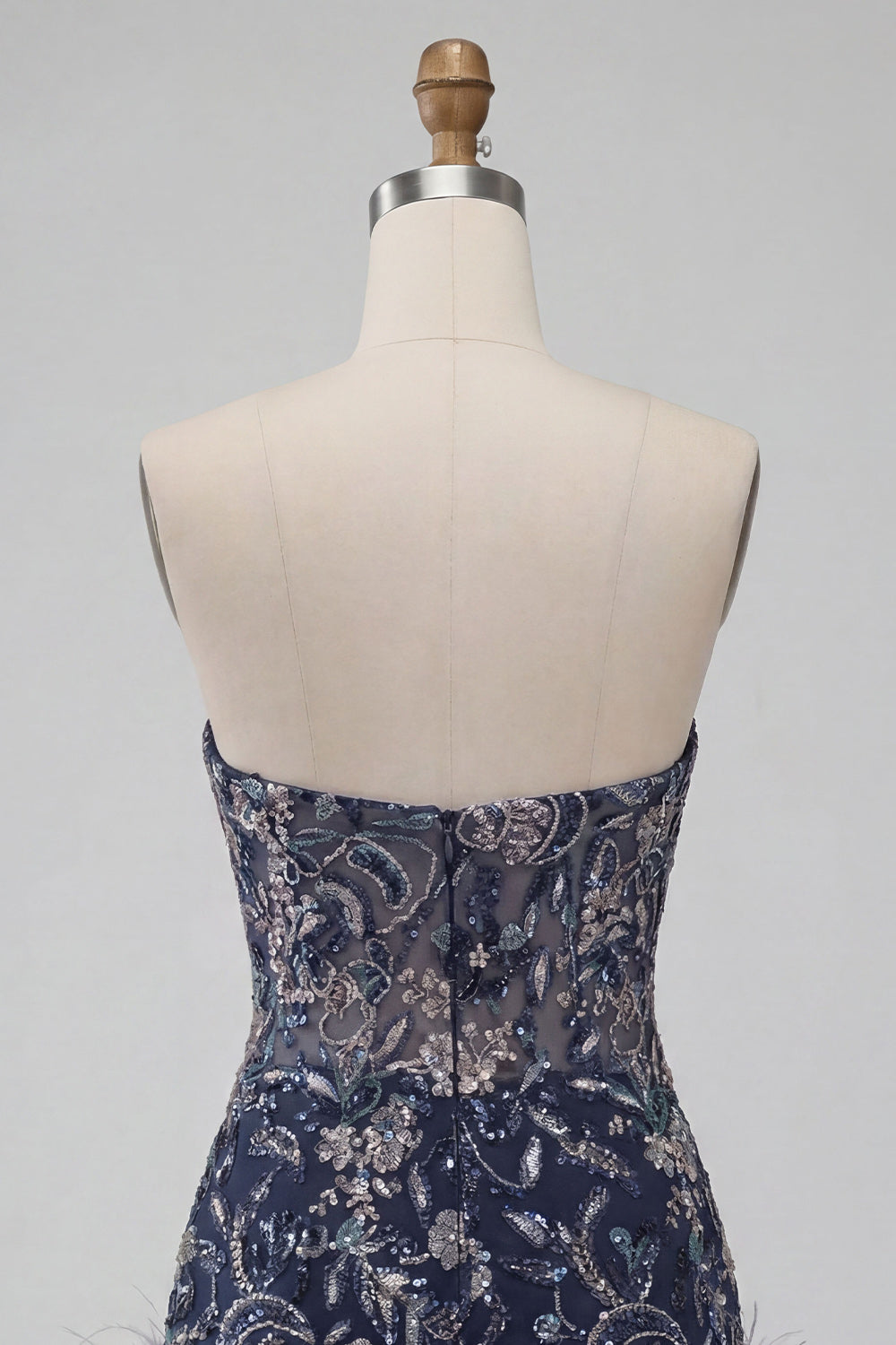 Navy Floral Tight Sparkly Short Beaded Homecoming Dress with Feathers