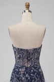 Navy Floral Tight Sparkly Short Beaded Homecoming Dress with Feathers