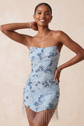 Dusty Blue Tight Sequins Floral Sparkly Short Homecoming Dress with Fringes