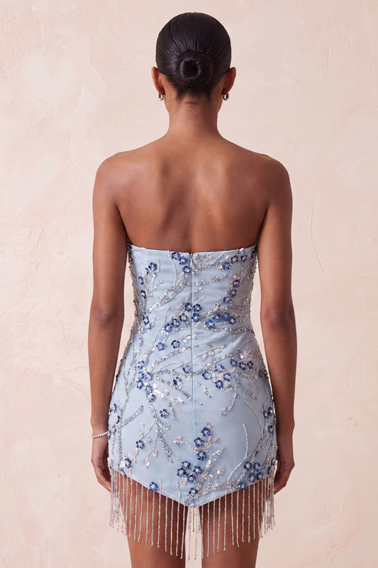 Dusty Blue Tight Sequins Floral Sparkly Short Homecoming Dress with Fringes