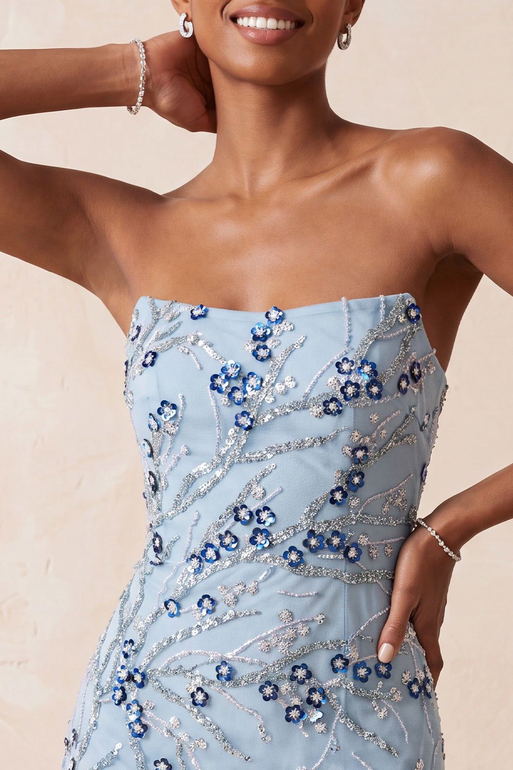 Dusty Blue Tight Sequins Floral Sparkly Short Homecoming Dress with Fringes
