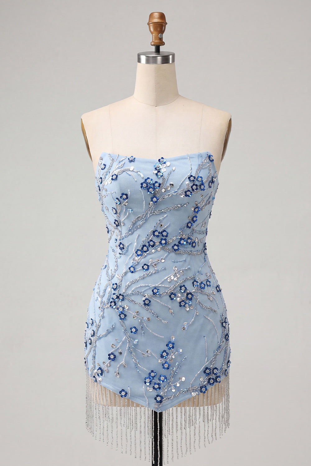 Dusty Blue Tight Sequins Floral Sparkly Short Homecoming Dress with Fringes